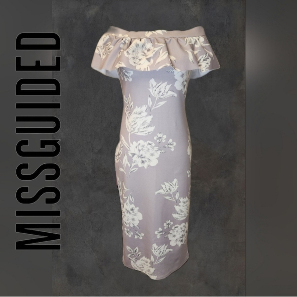 Missguided Midi Dress Lavender Beige Floral Off Shoulder NWOT Size 6 (D6)